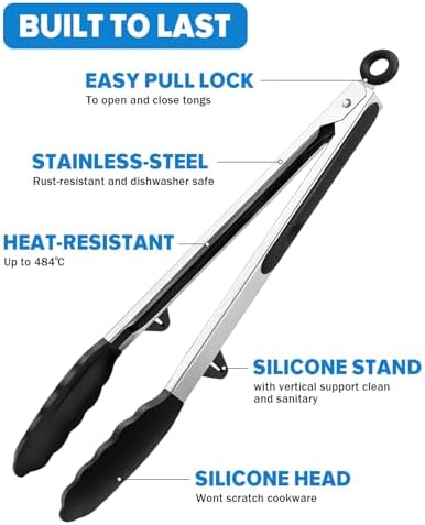 Kitchen Tongs for Cooking, Stainless Steel, Non Scratch Silicone Tip,3 Pack
