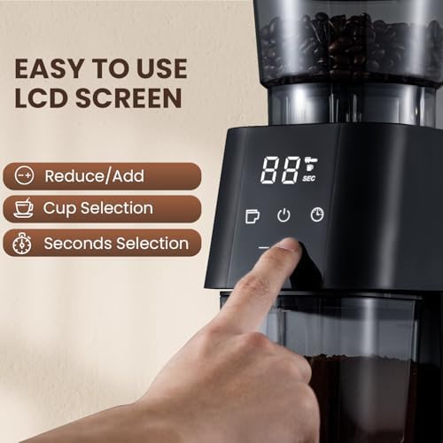 Ollygrin Electric Conical Burr Coffee Grinder, 30 Precise Grind Settings for Espresso, Drip & French Press, Compact Burr Mill with Touchscreen Control, Anti-Static & Easy Cleaning, Black