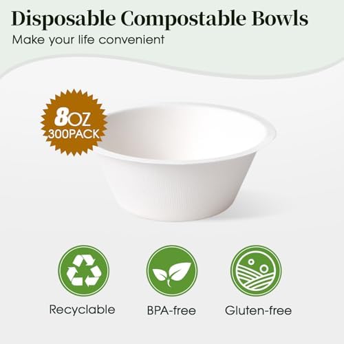 ECOLipak 300 Pack 8 oz Compostable Paper Bowls Disposable, White