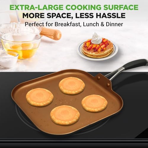 NutriChef Non-Stick Square Frying Pan, 11" Nonstick Skillet, Scratch Resistance, PFOA-Free, PFOS-Free Home Use for All Stoves