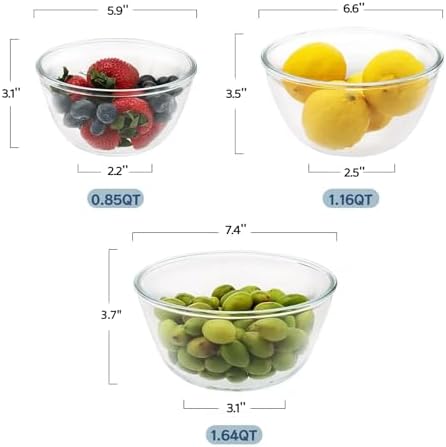 Cuiselect Small 3pc Glass Mixing Bowls Sets (1.64QT, 1.16QT, 0.85QT), Nesting Mixing Bowls for Cooking Prep, Baking, Storage, Salad Bowls Sets-Dishwasher Microwave Freezer Safe