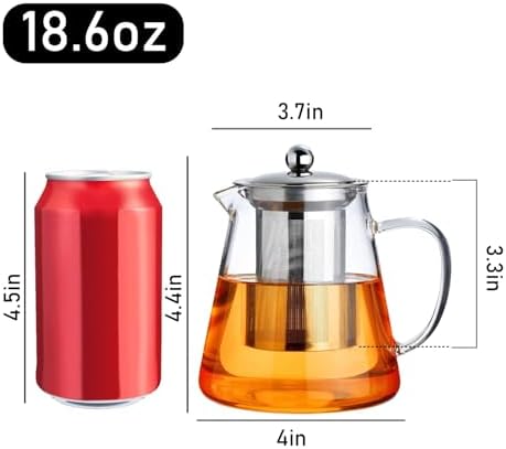 PARACITY Glass Teapot Stovetop 18.6 OZ, Borosilicate Clear Tea Kettle with Removable 18/8 Stainless Steel Infuser, Teapot Blooming and Loose Leaf Tea Maker Tea Brewer for Camping, Travel (550ML)