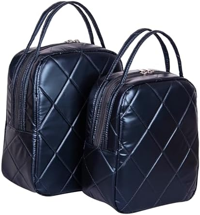 Machine Washable Women Quilted Fabric Insulated Reusable Cooler Lunch Bag Tote Adult Thermal Lunch Box Storage Bag for Ｗork (Navy Blue)