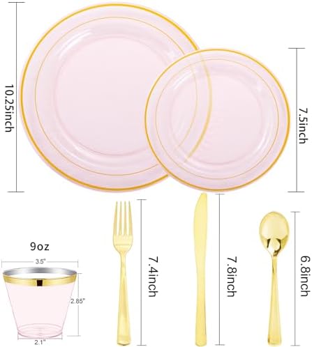 WELLIFE 210Pcs Clear-Pink Plastic Dinnerware- Pink and Gold Plastic Dinnerware include 30 Dinner Plates, 30 Dessert Plates, 90 Gold Silverware, 30 Cups and 30 Napkins Perfect for Parties