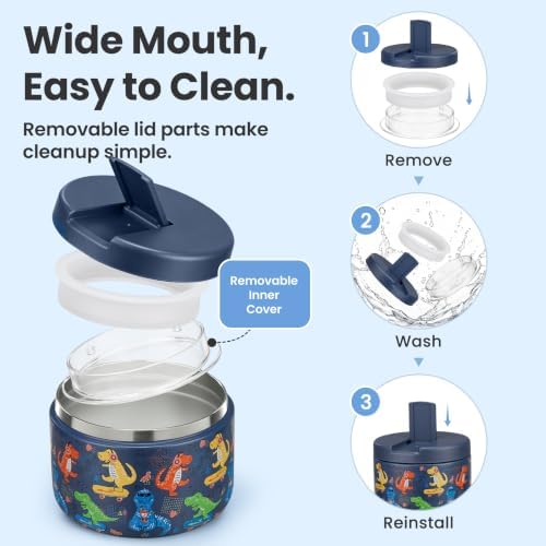 Pawtong 12oz Insulated Vacuum Food Jar with Buckle Lid Wide Mouth Soup Thermo for Hot Food Kids Leakproof Stainless Steel Lunch Container (Blue-Dinosaur)