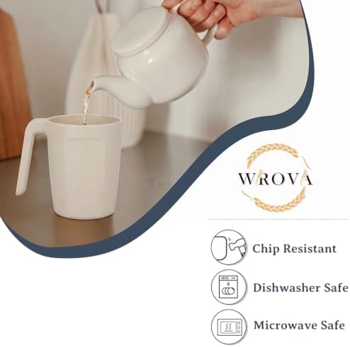 Wrova 16oz Wheat Straw Cups with handles set of 6-Plastic Cups Reusable-Unbreakable Kids Mugs-Dishwasher Safe & Microwave Safe-Ideal Plastic Mugs for Tea,Coffee,Camping,RV-Beige