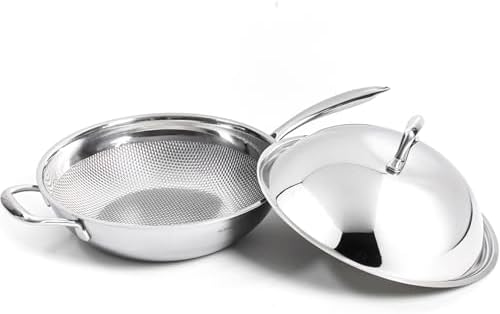 BUFFALO Honeycomb 3ply Stainless Steel Wok Pan 11 inch/28cm with Lid Flat Bottom - Coating-Free Non-stick Stir Fry Pan - Advanced, Scratch-Resistant Design with Stay-Cool Long Handle