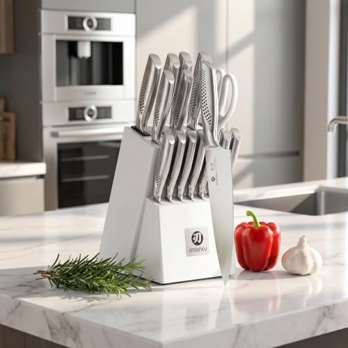 imarku 15PCS White Knife Set, High Carbon Stainless Steel with Sharpener