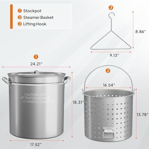 Bonnlo 82QT Stainless Steel Stock Pot for Boiling Seafood, Crawfish lobster & Crab, Frying Turkey & Steaming Tamales, Large Boil Pot with Steamer Basket, Lid, Lifting Hook for Outdoor Cooking Party