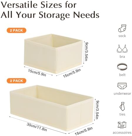 DIMJ Drawer Organizers Clothes, Dresser Organizer Bins for Baby Clothes,Underwear and Sock, Fabric Closet Organization and Storage Boxs, Drawer Dividers for Nursery, Clothing, Tie - 4 Pack, Beige