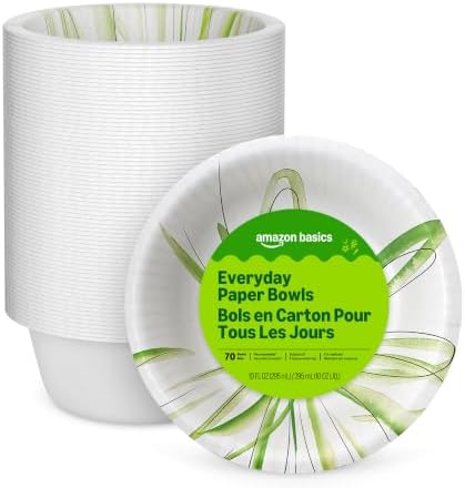 Amazon Basics Everyday Paper Bowls, 10 Oz, Disposable, 70 Count, White, Packaging May Vary