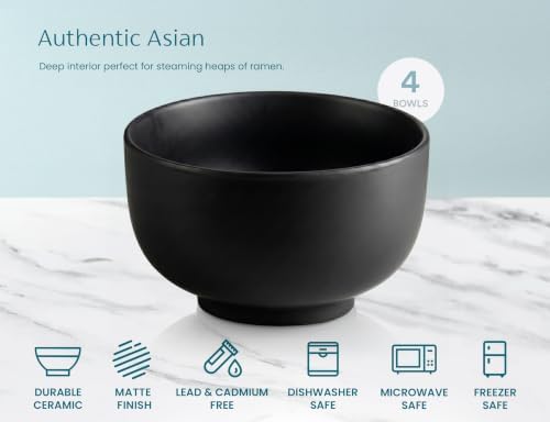 KooK Ceramic Japanese Noodle Bowl Set, Large Capacity, For Ramen, Udon, Soba, Pho and Soup, Microwave and Dishwasher Safe, 34 oz, Matte Black, Set of 4