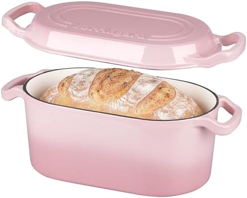 VORRINGARD Oval Dutch Oven Pot with Lid, Enamel Coating Cast Iron Bread Pans for Homemade Sourdough Bread Baking, Cooking, 4 Quart, Pink