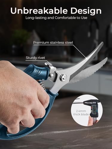 Poultry Shears, Heavy Duty Kitchen Shears With Anti-Slip Handle & Safety Lock, Poultry Scissors for Meat, Chicken, Bone,Turkey, Fish, Spring Loaded, Dishwasher Safe(Navy Blue)