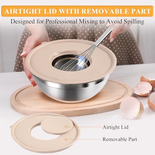 Mixing Bowls with Airtight Lids Set, Non-Slip Silicone Bottoms, Khaki
