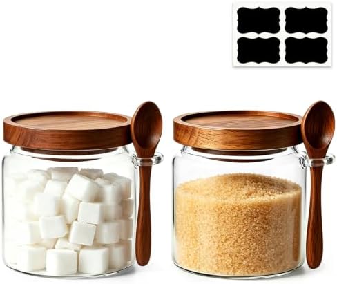 ComSaf Sugar Jars with Acacia wood Lids and Spoons 0.5Qt 2Pack, Decorative