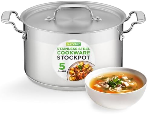 NutriChef 5-Quart Stainless Steel Stockpot with Lid- 18/8 Food Grade Heavy Duty Inox Large Stock Pot for Stew, Soup, Works w/ Induction