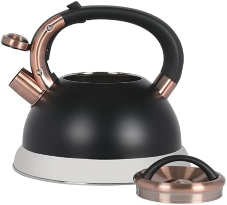 Mr. Coffee Flintshire 2.2 Quart Large Whistling Stainless Steel Tea Kettle, Matte Black with Copper Accent, Stovetop Fast-Boil Tea Pot