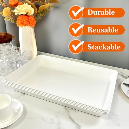 Serving Tray Platter, 16'' x 11'' 4 Pcs Food Tray for Veggie Fruit Snack Dessert Cookie, Food Trays for Party Supplies Display, Plastic Platters for Serving Food, Large White Trays, BPA Free