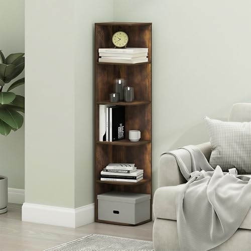 Furinno PASIR Book Shelf, 5-Tier Corner Bookshelf with Open Shelf, Standing Bookcase, 9.3 x 12 x 51.7, for Organization and Storage, for Living Room, Bedroom, Home Office, Amber Pine