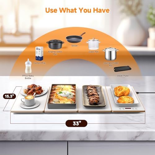 FEPPO Food Warmers for Parties Buffet – 4-in-1 Electric Warming Tray for Food with 10 Temp Settings & Timer, 33"x15" Glass Surface, Modular Buffet Hot Plates for Catering & Gatherings