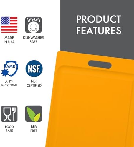 Dexas NSF Certified Polysafe Cutting Board with Handle and Juice Well, 12 x 18 inches, Reversible Kitchen Cutting Board, Yellow