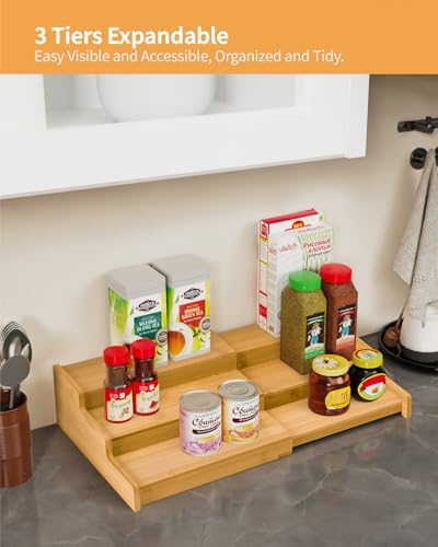 Spice Rack 3-Tier Natural Bamboo, Adjustable Cabinet Organizer Shelf
