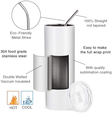 PYD Life 10 Pack Sublimation Blanks Tumblers Straight Skinny 20 OZ Bulk