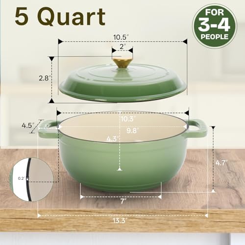 Bonnlo Round Dutch Oven, Enameled Cast Iron Dutch Oven Pot with Lid & Dual Handles, Oven Safe Up to 500° F, for Sourdough, Bread Baking, Stews and Roasting (Green, 5 Quart)