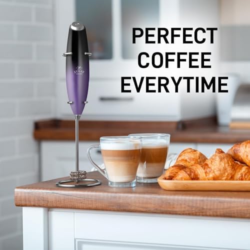 Zulay Kitchen Powerful Milk Frother Wand With Duracell Batteries - Ultra Fast Handheld Drink Mixer - Electric Whisk Foam Maker for Coffee, Lattes, Cappuccino & Matcha - Double Whisk - Black Purple