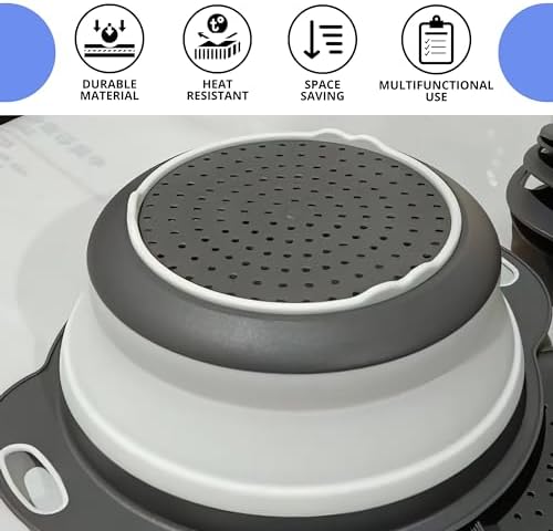 Round Silicone White Colander Collapsible – Foldable White Kitchen Strainer Small Collapsible Colander with Plastic Handles for Draining Vegetable and Fruit Silicone Kitchen Strainer for Pasta