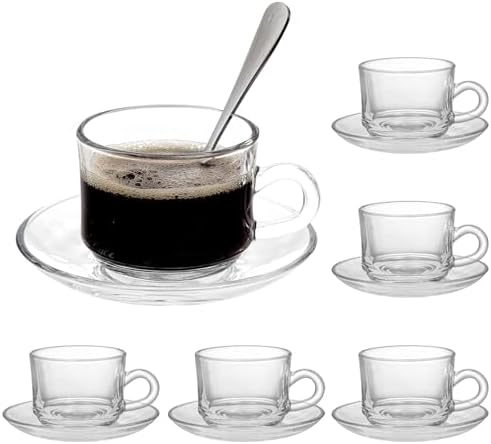 Glass Tea Cups and Saucers Set of 6, Clear Coffee Mugs with Stainless Steel Spoon, Dishwasher & Microwave Safe Teacups for Espresso Cappuccino Latte Tea Juice, 6OZ/180ML