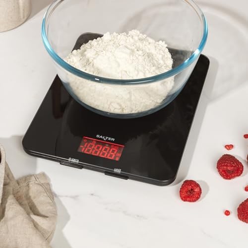 Salter 1150 BKDR Digital Kitchen Scales, Stylish Glass Design, Cooking Scale for Home/Kitchen, Measures Liquids & Fluids, Metric/Imperial, Add & Weigh Function, Red Easy Read Display, Black