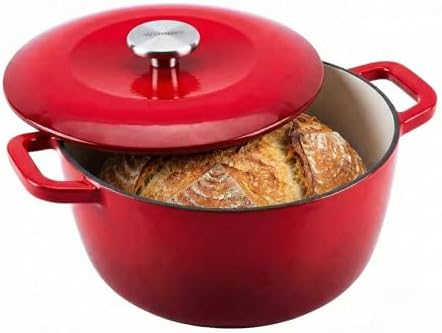 5.5QT Enameled Cast Iron Dutch Oven,Concave Self-Basting Lid,Red