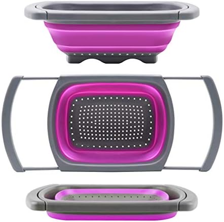 Qimh Collapsible Colander, Kitchen Colander Set Over Sink Strainer Veggies/Fruit Colanders Strainers with Extendable Handles, Dishwasher Safe Folding Strainer for Kitchen, 6-Quart, BPA Free