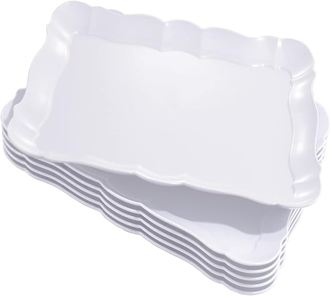 BBG 6 Pack Appetizer Serving Tray, Rectangle White Plastic Serving Platters, 15" x 10" Heavy Duty Serving Platters, Reusable Trays Perfect for Wedding, Parties & Buffet,Spring