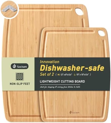 Lightweight Durable Bamboo Cutting Board Set with Non-Slip Feet, Wooden Cutting Boards for Busy Kitchen, Easy Storage & Clean Wooden Chopping Boards with Juice Groove Set of 2 (M+L)