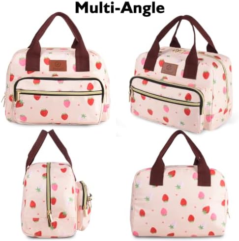 Insulated Lunch box for Women,Leakproof Quilted Thermal Lunch Bag, 14L Large Capacity Lunch Tote Bag Lightweight LunchBox Cooler for Work, School, Picnic or Travel with 2 Front Pocket-Strawberry