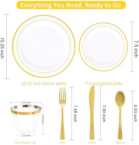 WELLIFE Disposable Plates & Gold Silverware Set, 350 Pieces for 50 Guests