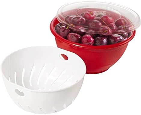 Arrow Berry Bowl & Berry Colander Set - Fruit Strainer Container with Lid - Rinse, Store & Serve - Dishwasher Safe, BPA Free - 1 Quart, Assorted Colors (Red or Green) - Made in USA