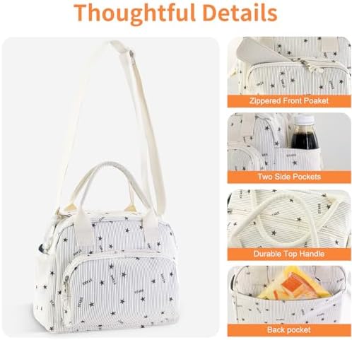 Mziart Lunch Box for Women Men, Large Cute Insulated Lunch Bag Leakproof Thermal Lunchbox Cooler Tote Bags with Adjustable Strap for Work Picnic Travel (Beige Stars)