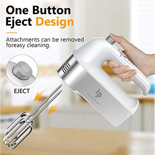 Hand Mixer Electric, 450W Kitchen Mixers with Scale Cup Storage Case, Turbo Boost/Self-Control Speed + 5 Speed + Eject Button + 5 Stainless Steel Accessories, For Easy Whipping Dough, Cream, White