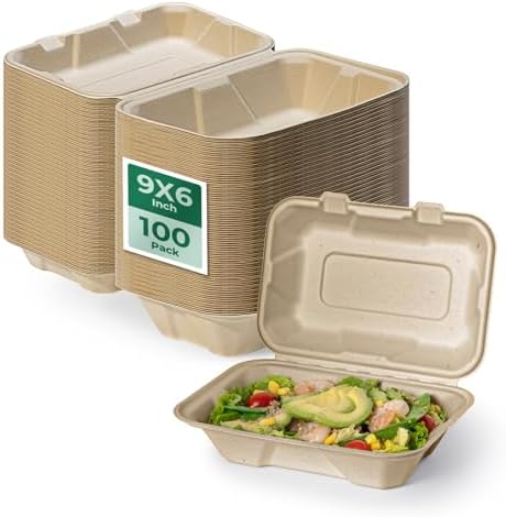 Fit Meal Prep 600 Pack 9x6 Compostable To Go Food Containers, Disposable To Go Boxes for Food, Clamshell Take Out Containers with lids, Eco Friendly Biodegradable, PFAS-Free, Bagasse, Microwave Safe