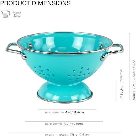 Reston Lloyd, 1 Quart Powder Coated Steel Kitchen Strainer Basket for draining Pasta, Vegetable and Fruit, Chrome Handles and Wide Stable Base, Aqua-Blue