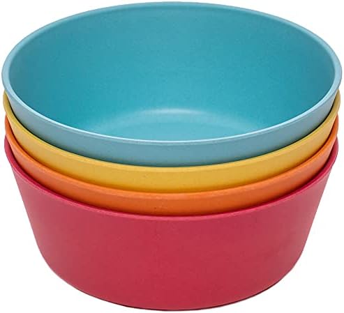 WeeSprout Bamboo Kids Bowls, Set of Four 10 oz Kid-Sized Dinnerware, Cereal, Leftovers & Snack Bowl, Dishwasher Safe (Blue, Yellow, Orange, & Red, 10 Oz)