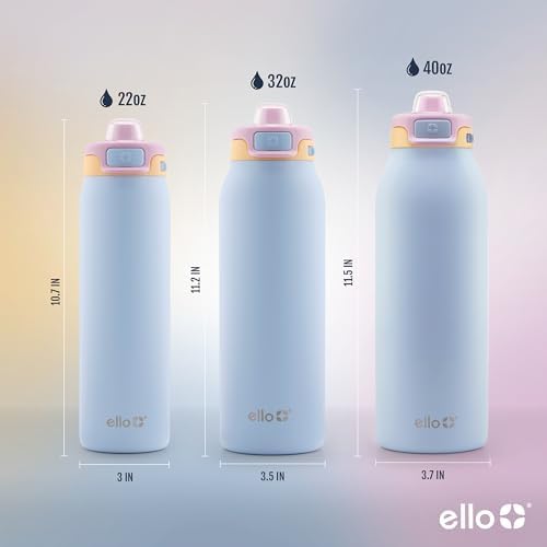 Ello Pop & Fill Insulated Stainless Steel Water Bottle with Quick Fill Lid, Leakproof Locking, Sip or Chug Spout, BPA-Free, Double Wall Vacuum Insulated for Sports, Travel & School- 22oz / 32oz / 40oz