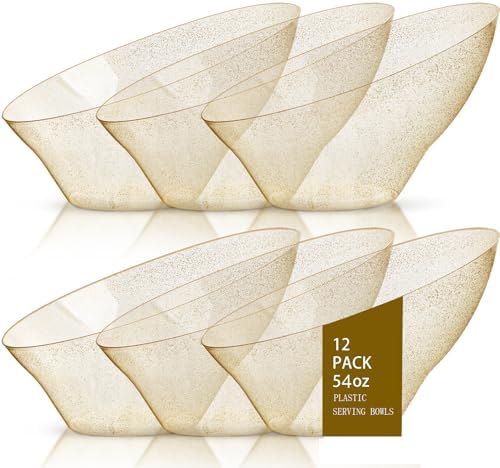 bUCLA 12 Pack Gold Glitter Plastic Serving Bowls - 54 OZ Angled Serving Bowls Disposable for Chip,Candy, Snack,Salad & Fruit - Ideal for Party, Wedding & Thanksgiving