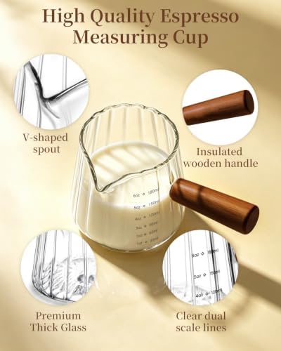 2 PCS Espresso Measuring Cup 6 Oz, Espresso Glass Cups with Wood Handle, Milk Frothing Cup, Espresso Cup for Coffee, Milk, Tea or Maple Syrup Serving