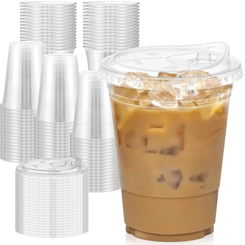 Dealusy 100 Pack - 16 oz Clear Plastic Cups with Sip Lids
