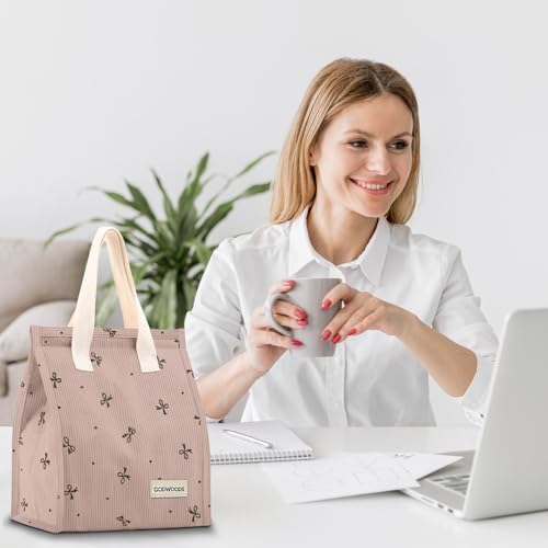 TELLUMO Corduroy Insulated Lunch Bag, 7.75L Large Capacity Reusable Lunch Box, Cute Lunch Tote for Women Men, Leakproof Lunch Cooler for Work Picnic Travel (Corduroy Pinkbow)
